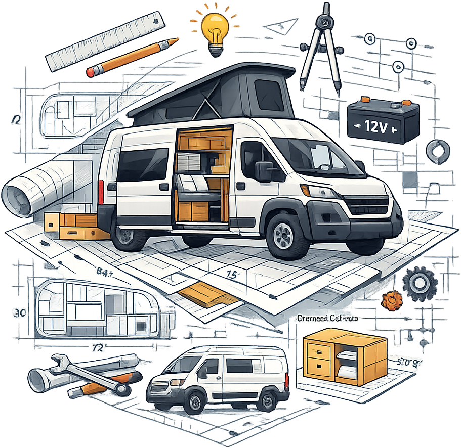 Illustration of a conversion van on architectural blueprints surrounded by planning tools