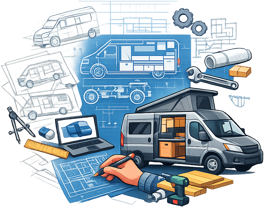 Illustration showing the journey from blueprint sketch to a finished van conversion